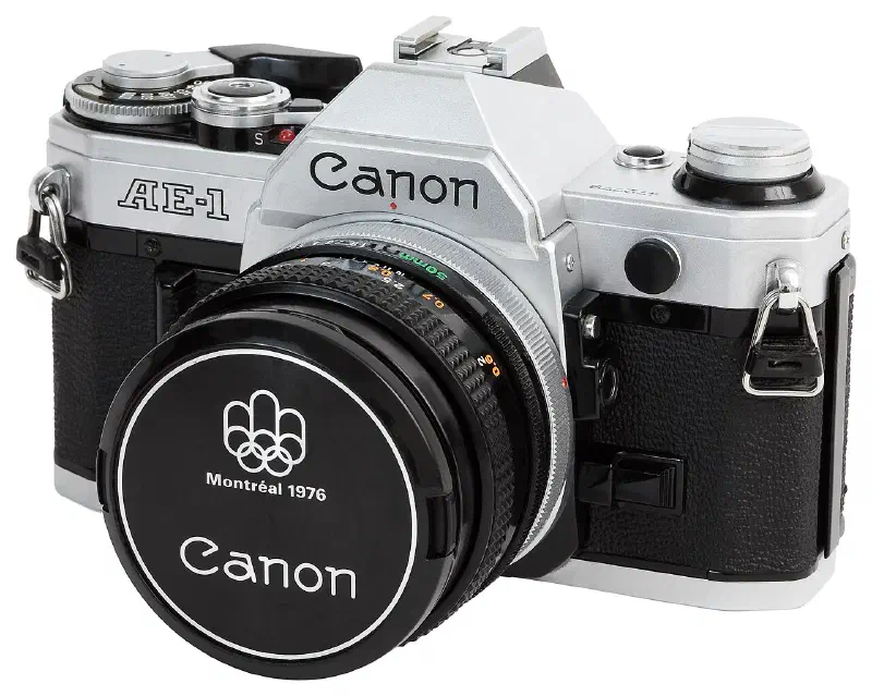 Canon AE-1 camera with FD 50mm f/1.8 S.C. II lens (with 1976 Olympics front cap).