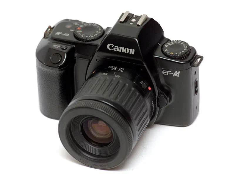 A Canon EF-M manual focus SLR camera.