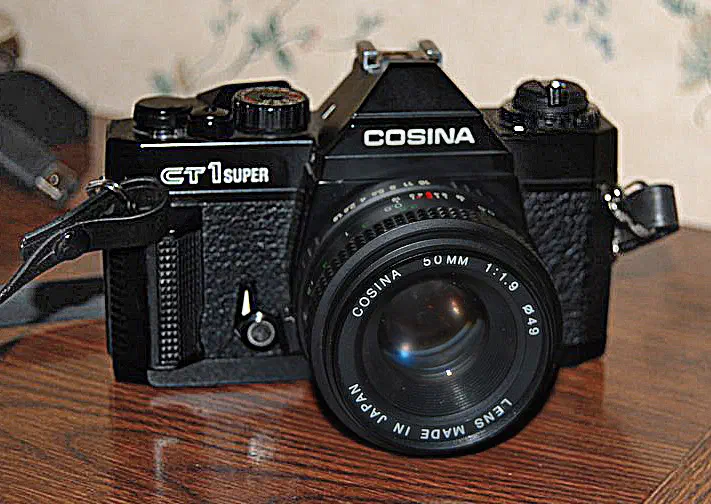"Cosina CT1 Super" film SLR camera with Cosina 50mm lens.