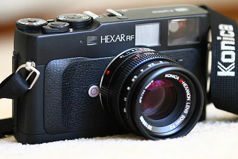 Konica Hexar RF camera with 50mm f2 M-Hexanon lens fitted.