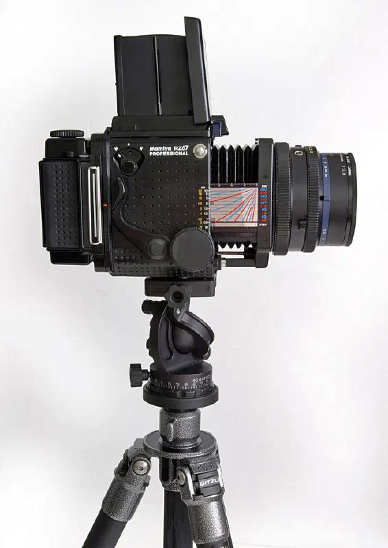 RZ67 Professional body on a Gitzo G1258 tripod, Acratech ballhead, 110mm f2.8 lens, 120 film back and a folding waist level viewfinder.