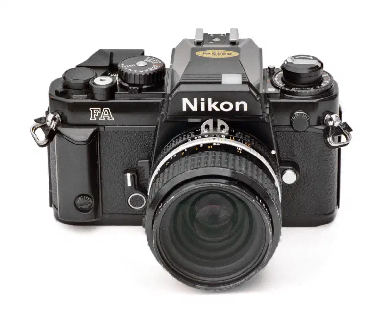 Nikon FA SLR camera (black) from front with Nikkor AI-S 35 mm f/2 lens