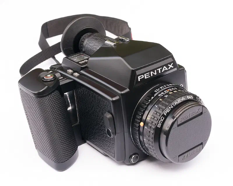 The Pentax 645, a medium format SLR camera, with a 75 mm lens.