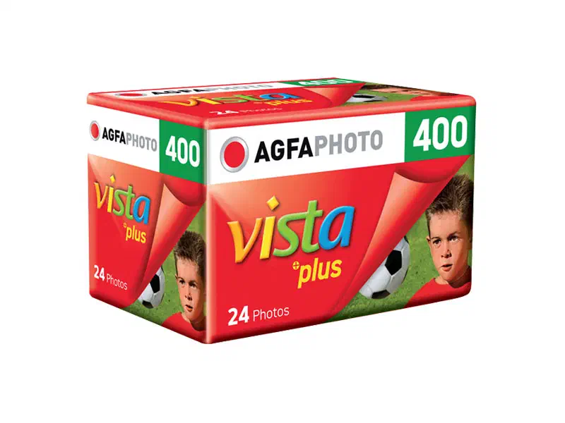 A red carton of AgfaPhoto Vista plus 400 colour negative film, 135-24