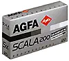 A silver and black carton of Agfa Scala Professional black-and-white slide film, marked SCALA 200
