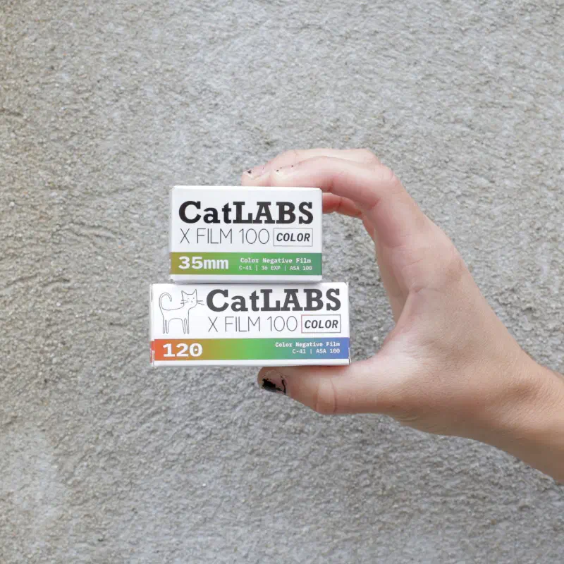 A hand holding two boxes of CatLABS X Film 100 Color, 35 mm above 120, against a concrete wall