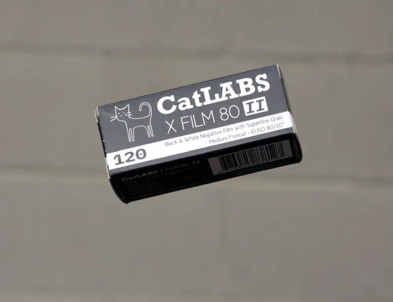 A 120 box of CatLABS X Film 80 II in black and white, with a line-drawn cat