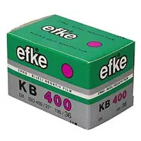 A green and red carton of efke KB 400 black-and-white film in 35 mm