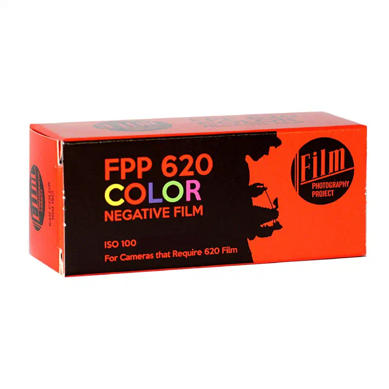 An orange-red FPP 620 COLOR NEGATIVE FILM carton seen from a front corner, marked ISO 100 and For Cameras that Require 620 Film
