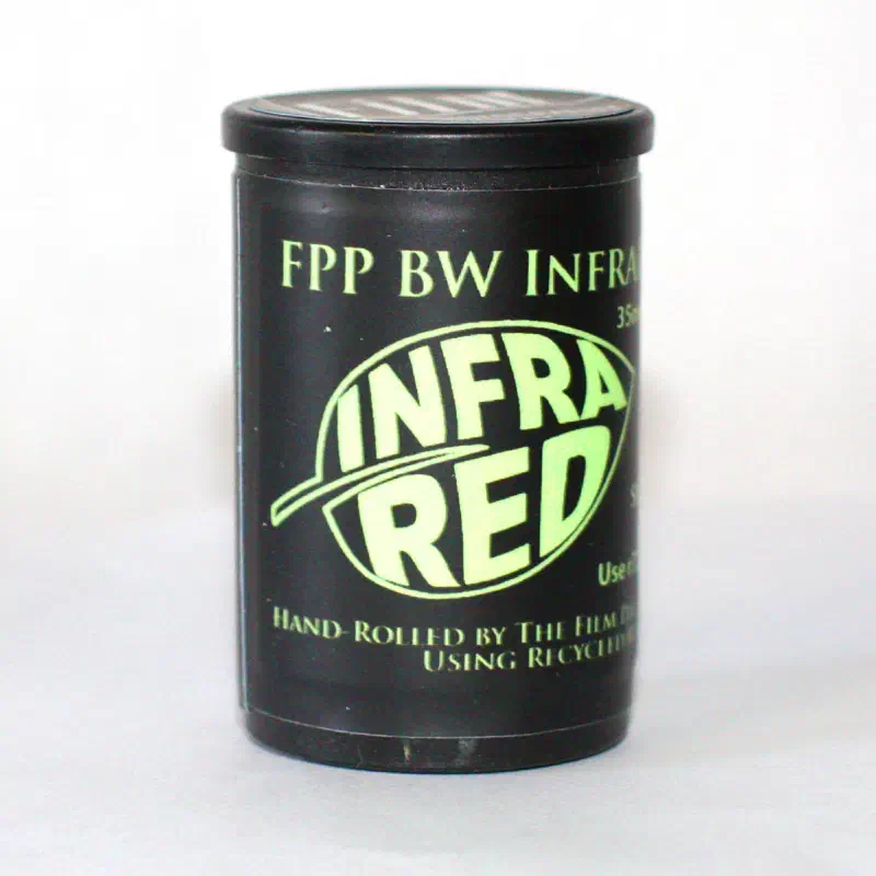 A black FPP canister labelled BW Infrared in pale green