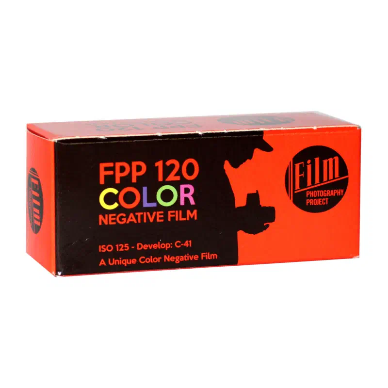 A red and black box of FPP 120 Color Negative Film, ISO 125