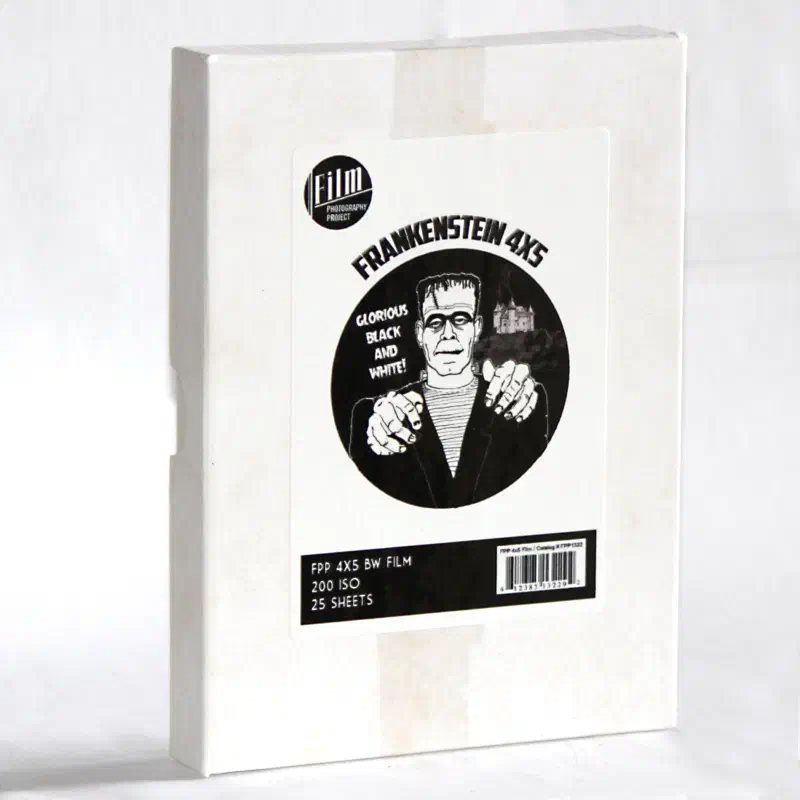 A white 4x5 sheet-film box of FPP Frankenstein 200, illustrated with Frankenstein's monster