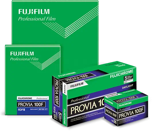 Boxes of FUJICHROME Provia 100F in 135 and 120, with a sheet-film carton