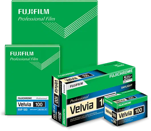 Boxes of FUJICHROME Velvia 100 in 135 and 120, with a sheet-film carton