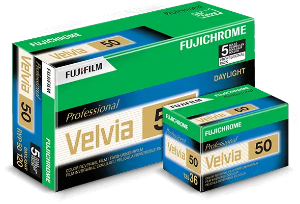 Boxes of FUJICHROME Velvia 50 in 135 and 120, with a sheet-film carton