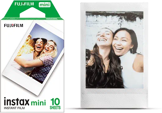 A green and white instax mini INSTANT FILM carton marked 10 SHEETS, a developed print of two laughing women standing beside it