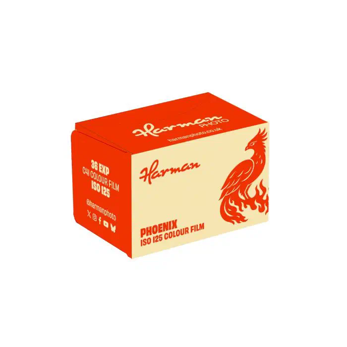 HARMAN's rendered pack shot of PHOENIX ISO 125 COLOUR FILM: a cream and orange carton with a phoenix rising from flames, marked 36 EXP C41