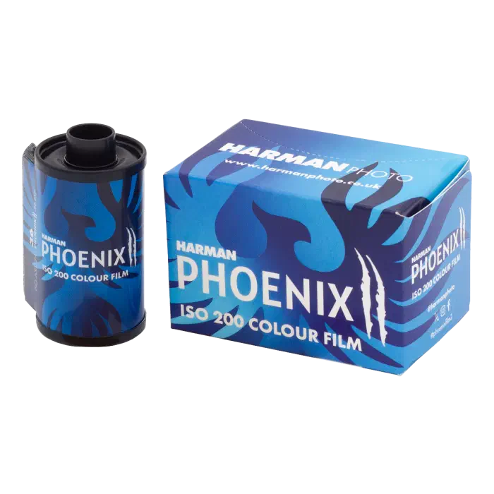 A 35 mm cassette of HARMAN PHOENIX II beside its carton, a blue phoenix across both, marked ISO 200 COLOUR FILM