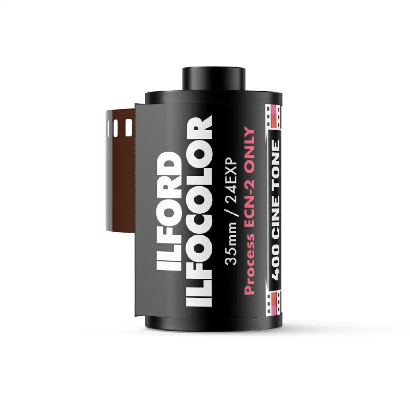 A 35 mm cassette of ILFORD ILFOCOLOR 400 Cine Tone, leader out, charcoal label marked 35mm / 24EXP and Process ECN-2 ONLY