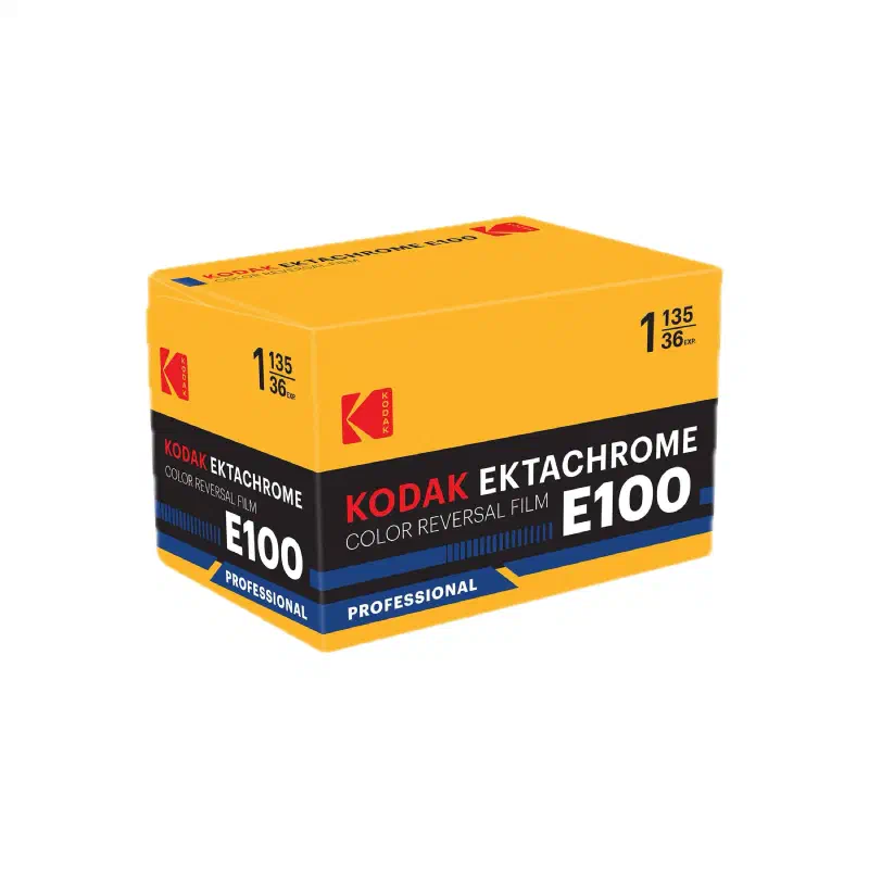 A yellow KODAK EKTACHROME E100 carton seen from a front corner, black band with a blue stripe and a PROFESSIONAL flash, marked COLOR REVERSAL FILM and 1 135/36 EXP