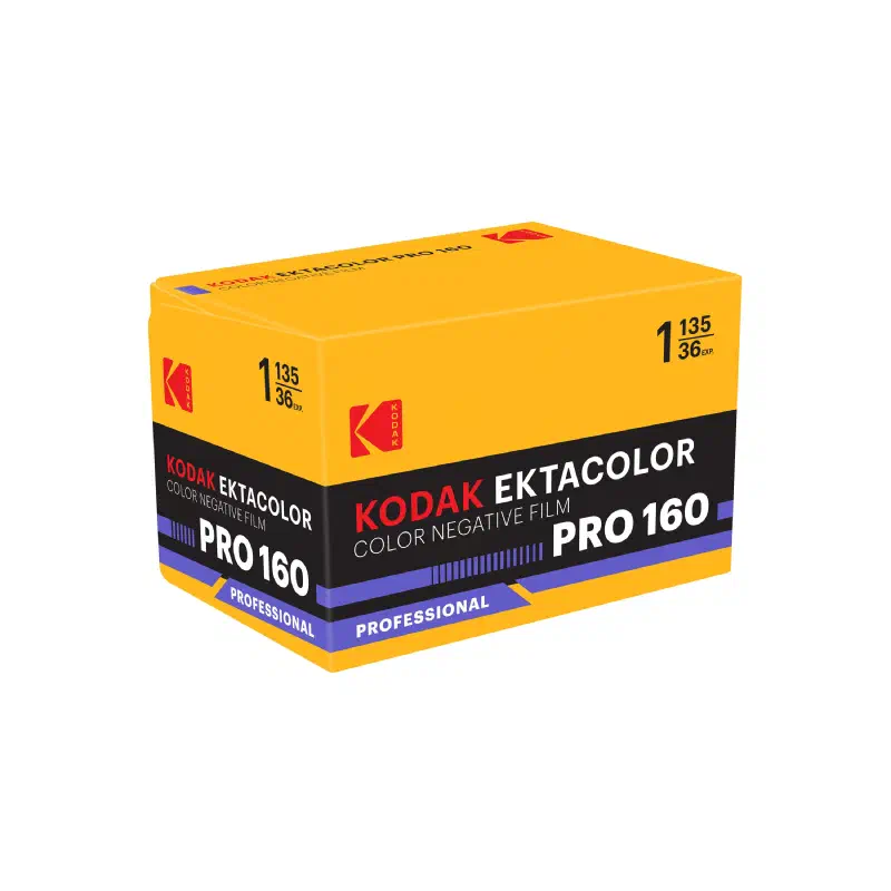 A yellow KODAK EKTACOLOR PRO 160 carton seen from a front corner, black band with a violet stripe and a PROFESSIONAL flash, marked COLOR NEGATIVE FILM and 1 135/36 EXP