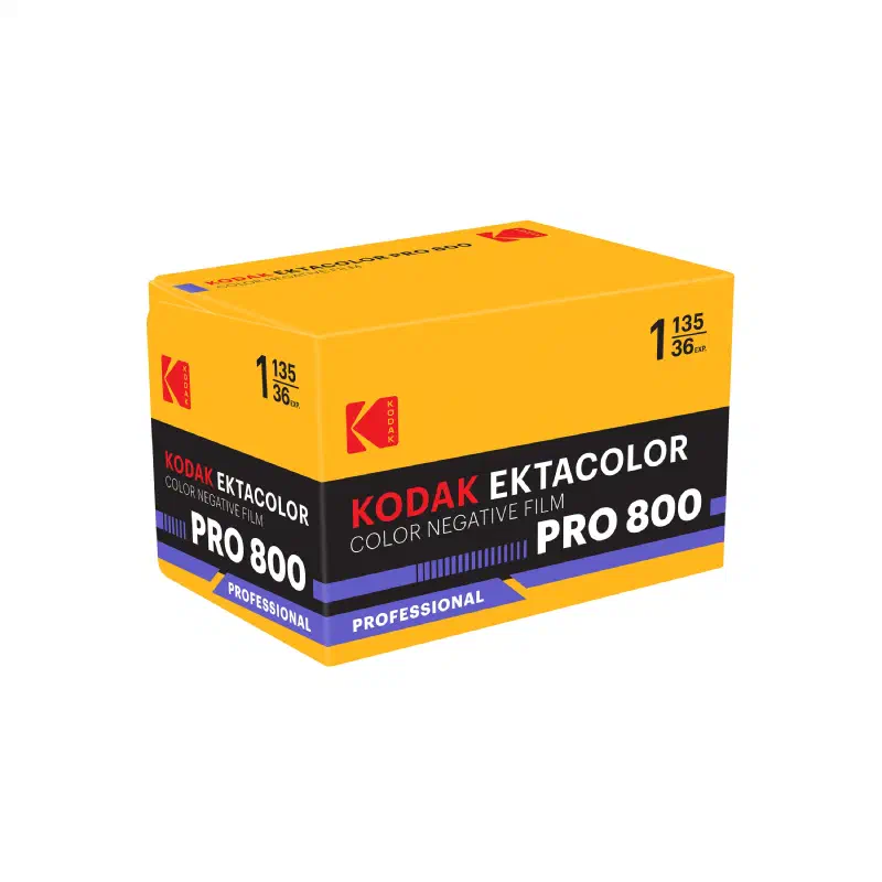 A yellow KODAK EKTACOLOR PRO 800 carton seen from a front corner, black band with a violet stripe and a PROFESSIONAL flash, marked COLOR NEGATIVE FILM and 1 135/36 EXP