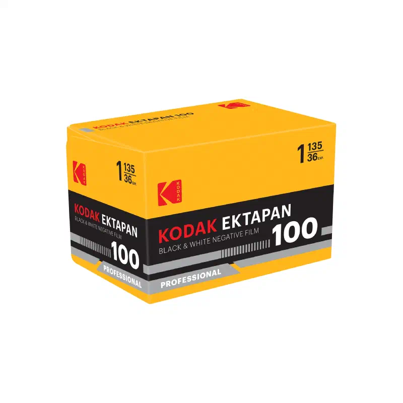 A yellow KODAK EKTAPAN 100 carton seen from a front corner, black band with a grey stripe and a PROFESSIONAL flash, marked BLACK & WHITE NEGATIVE FILM and 1 135/36 EXP