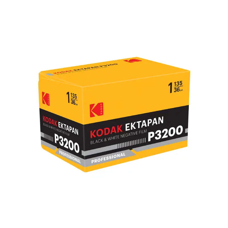 A yellow KODAK EKTAPAN P3200 carton seen from a front corner, black band with a grey stripe and a PROFESSIONAL flash, marked BLACK & WHITE NEGATIVE FILM and 1 135/36 EXP