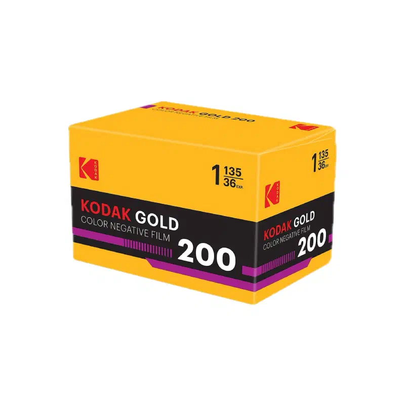 A yellow KODAK GOLD 200 carton seen from a front corner, black band with a magenta stripe, marked COLOR NEGATIVE FILM and 1 135/36 EXP