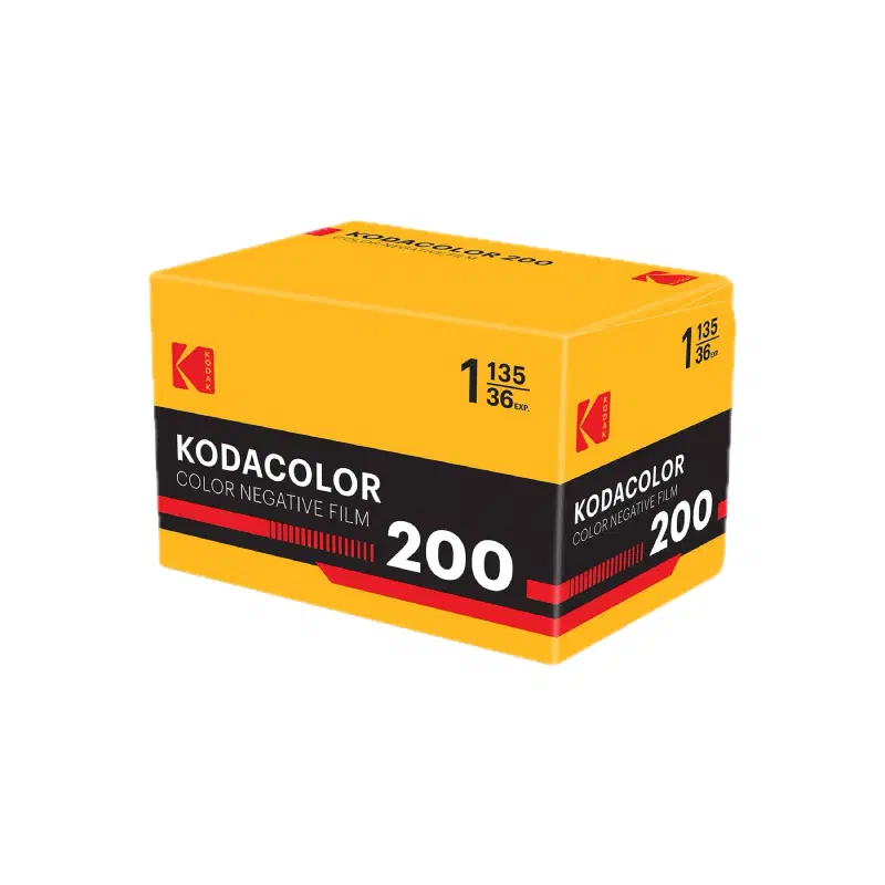 A yellow KODAK KODACOLOR 200 carton seen from a front corner, black band with a red stripe, marked COLOR NEGATIVE FILM and 1 135/36 EXP