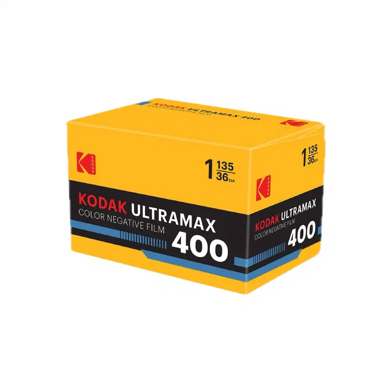 A yellow KODAK ULTRAMAX 400 carton seen from a front corner, black band with a blue stripe, marked COLOR NEGATIVE FILM and 1 135/36 EXP