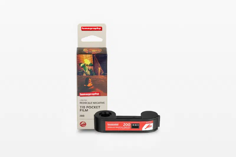 A cream Lobster Redscale 110 carton beside its 110 cartridge, marked 110 POCKET FILM 200