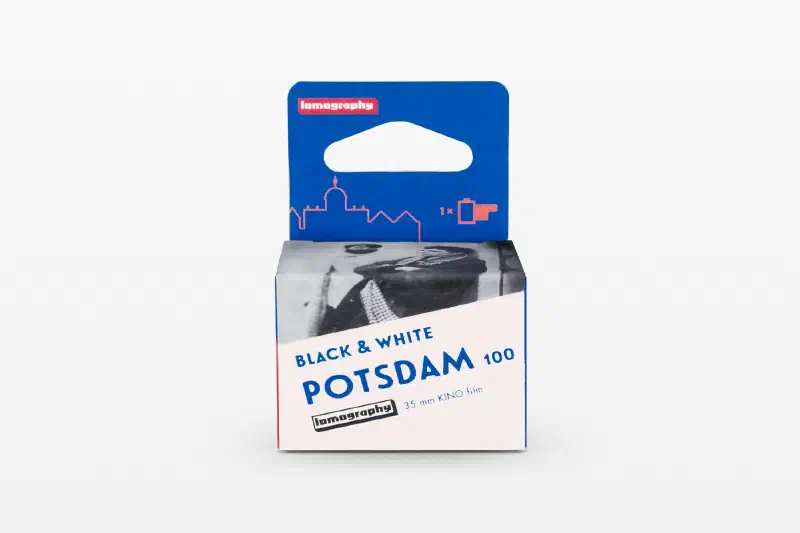A blue and white Potsdam 100 Black & White carton with a hanging tab, marked 35 mm KINO film