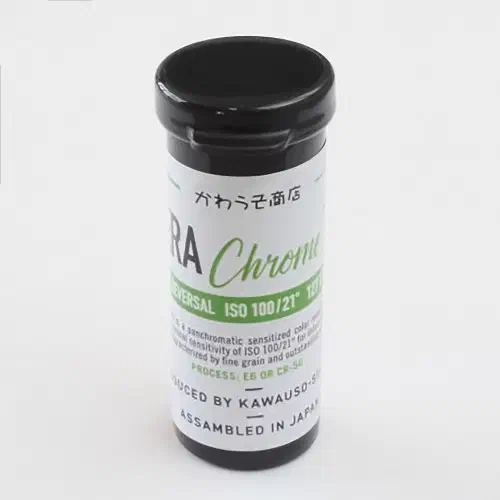 A 127 roll of Rera Chrome 100 standing upright, its green-and-white label facing the camera