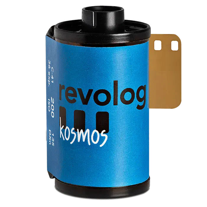 A 35 mm cassette of REVOLOG KOSMOS, its blue label carrying the revolog wordmark