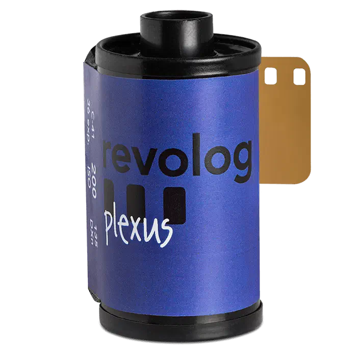 A 35 mm cassette of REVOLOG PLEXUS, its violet label carrying the revolog wordmark