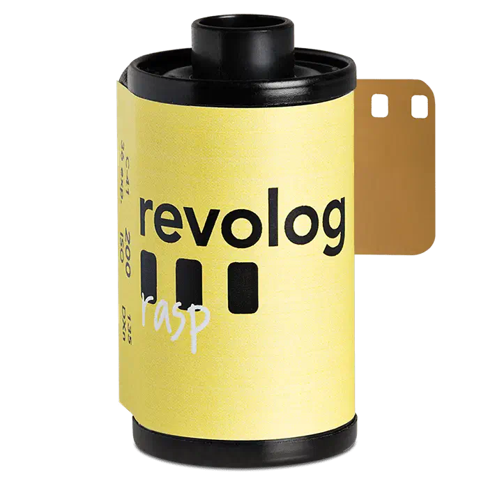 A 35 mm cassette of REVOLOG RASP, its pale yellow label carrying the revolog wordmark