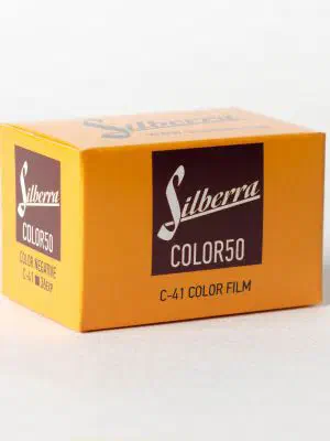 A yellow carton of Silberra Color 50 C-41 colour negative film