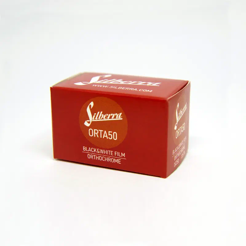 A red carton of Silberra Orta 50 orthochromatic black-and-white film