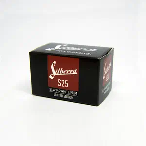 A black carton of Silberra S25 black-and-white film with a dark red panel, marked LIMITED EDITION