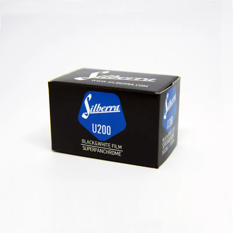 A black carton of Silberra U200 black-and-white film with a blue panel