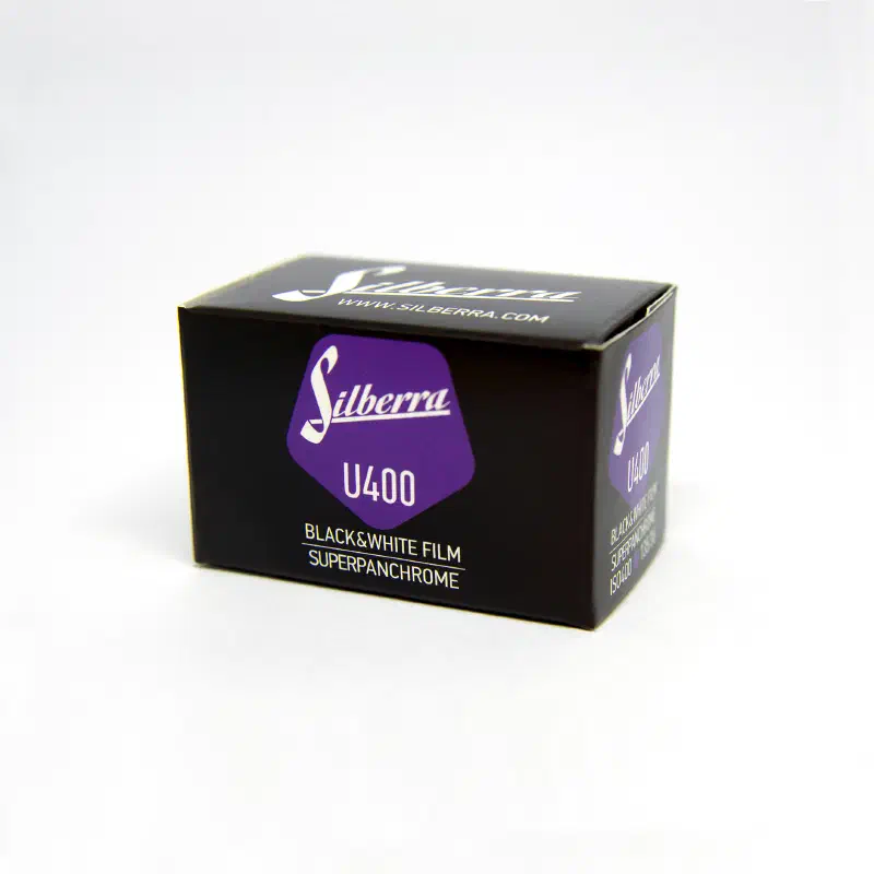 A black carton of Silberra U400 black-and-white film with a violet panel