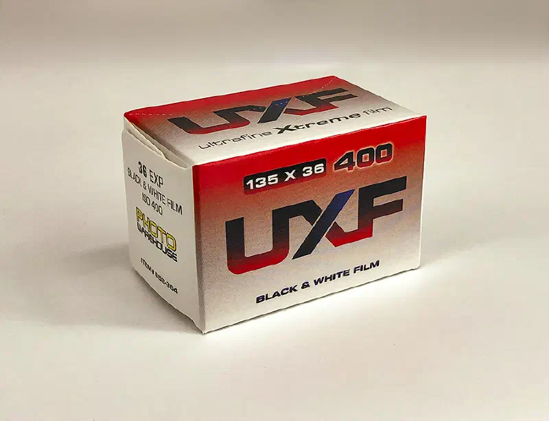 A red and white box of Ultrafine UXF Xtreme 400 black and white film, 135 x 36