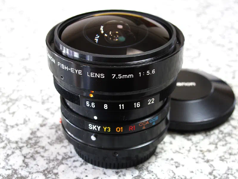 Canon New Fish-Eye 7.5mm f/5.6, photographed on its own, off the camera