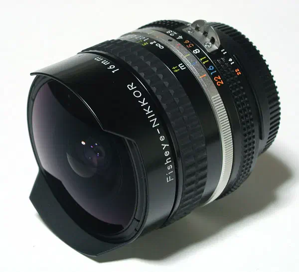 Nikon Nikkor 16mm f/2.8D AF Fisheye, photographed on its own, off the camera