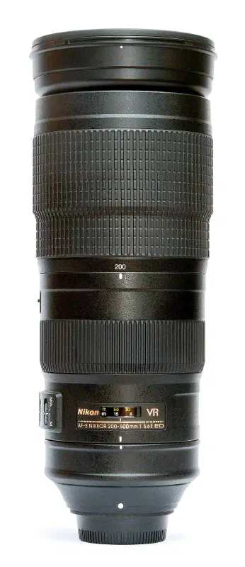 Nikon Nikkor 200–500mm f/5.6E AF-S ED VR, photographed on its own, off the camera