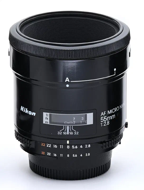 Nikon Nikkor 55mm f/2.8 AF Micro, photographed on its own, off the camera