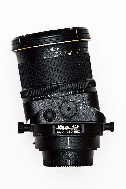 Nikon PC-E 45mm f/2.8D ED, photographed on its own, off the camera