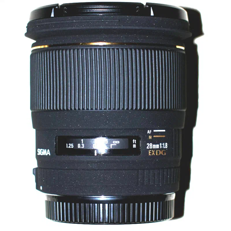 Sigma 28mm f/1.8 EX DG, photographed on its own, off the camera