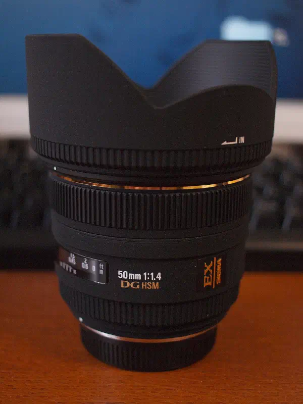 Sigma 50mm f1.4 EX DG HSM, photographed on its own, off the camera